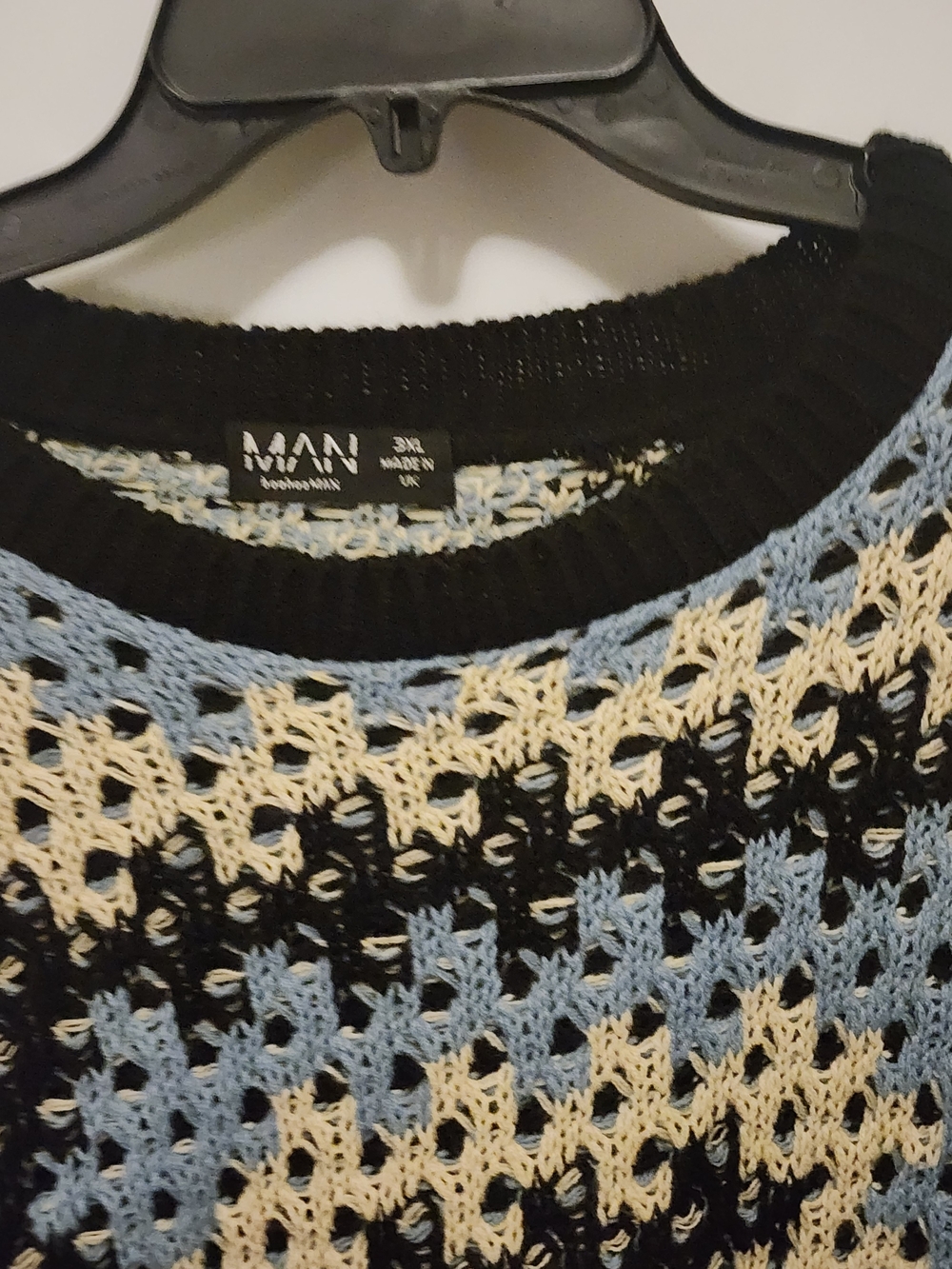 Boohoo Man  Crochet-Style Crewneck Sweater in Blue, Black & Cream - Picture 8 of 10